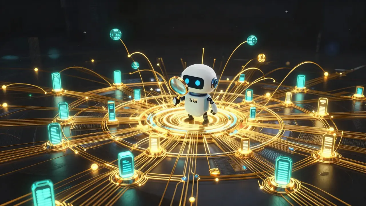 Friendly robot organizing a vast network of glowing blockchain data nodes
