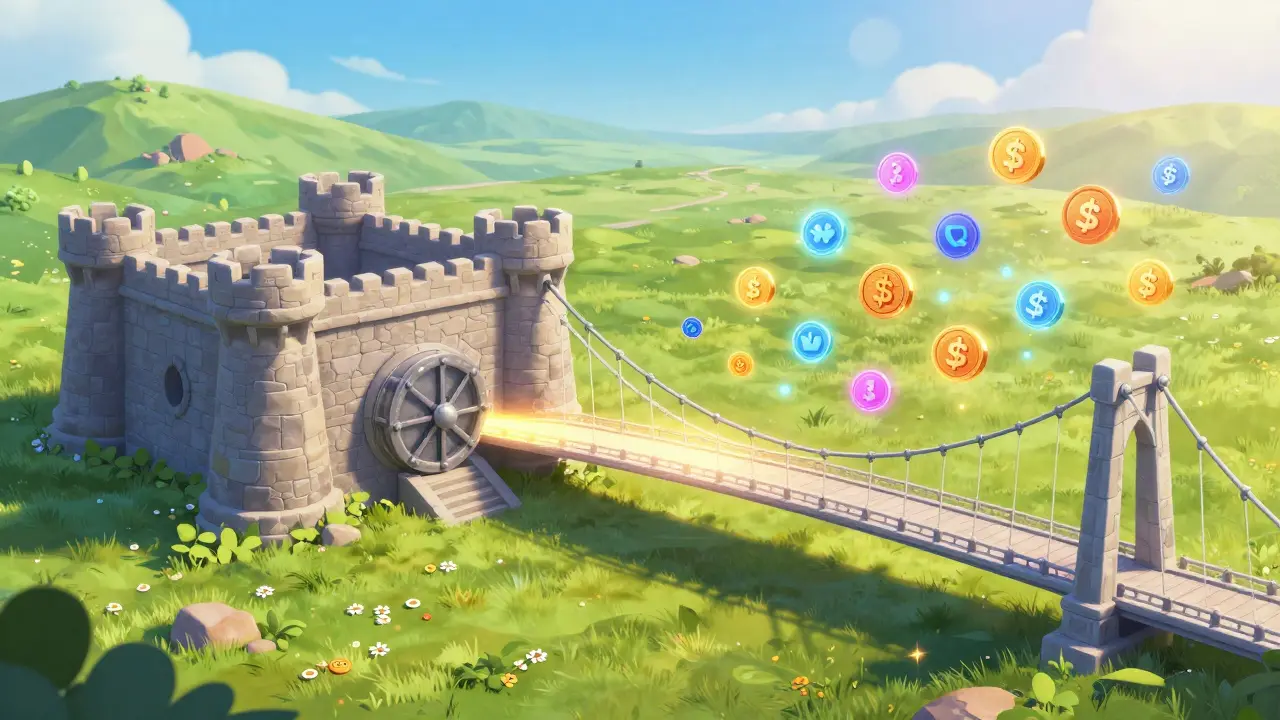 Futuristic landscape with bridge linking secure vault to digital art meadow