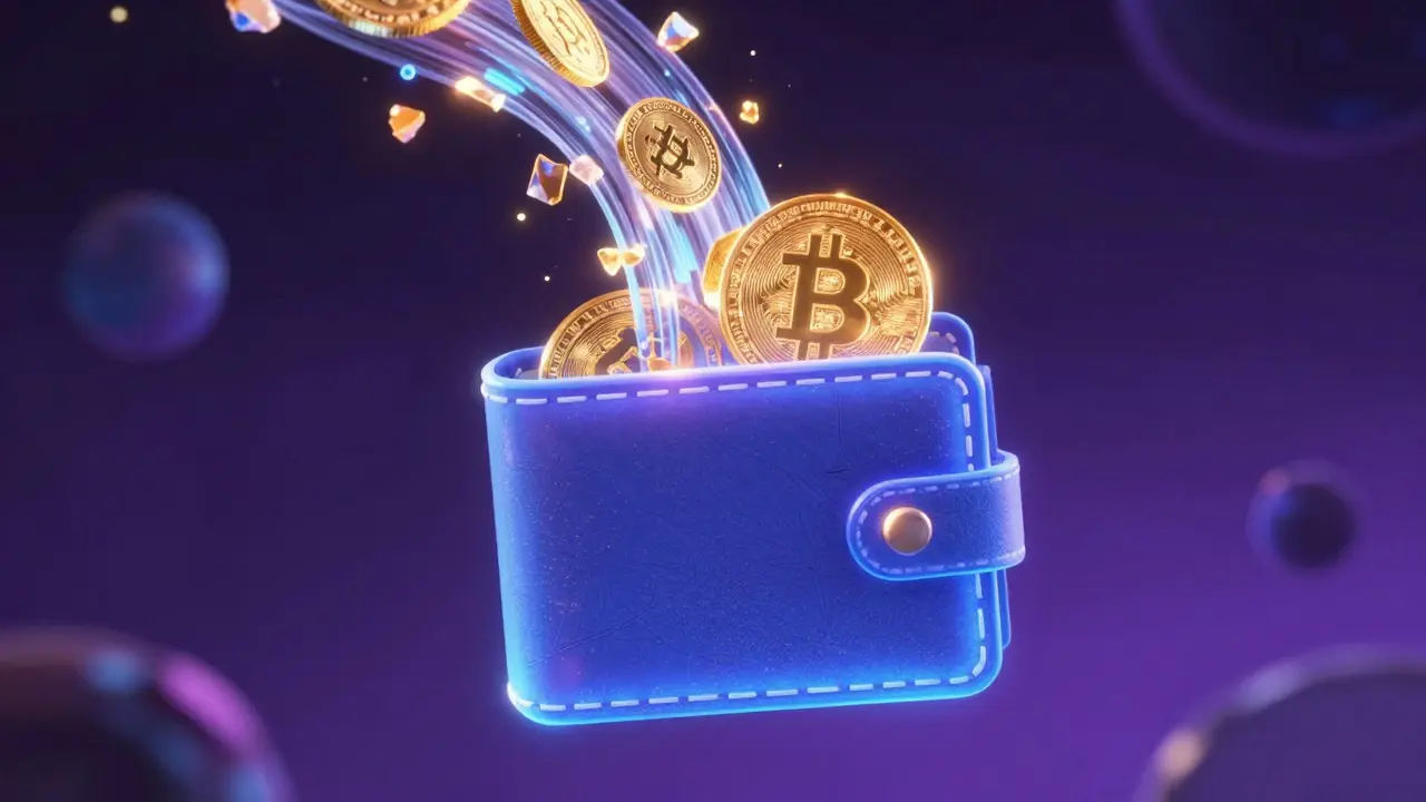 Glowing digital wallet receiving shimmering gold GRT tokens in a futuristic space