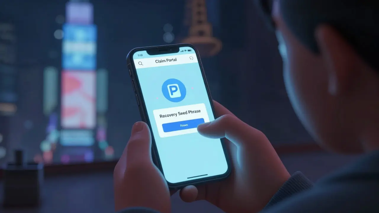 Hands holding a phone showing a fake crypto claim portal asking for a seed phrase