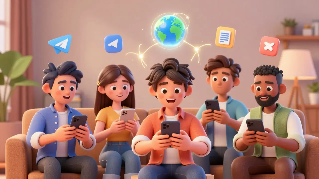 People using smartphones with floating holographic app icons in a cozy room