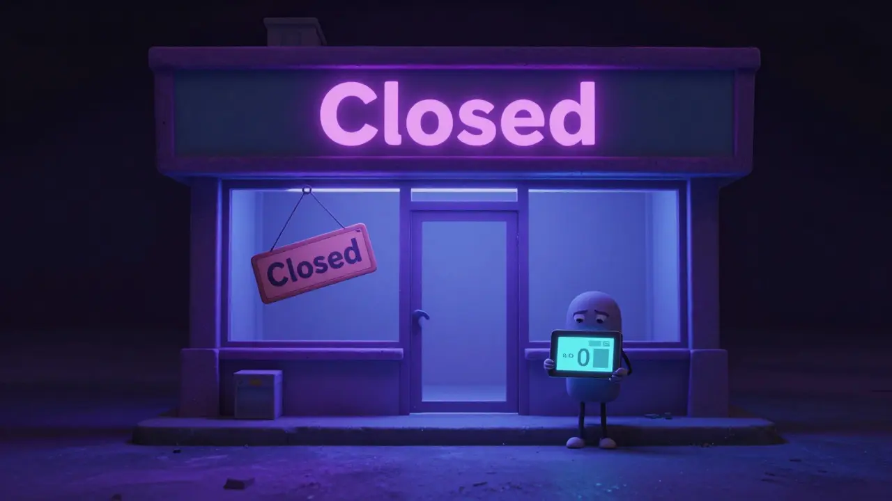 Sad character standing in front of an empty, futuristic digital store