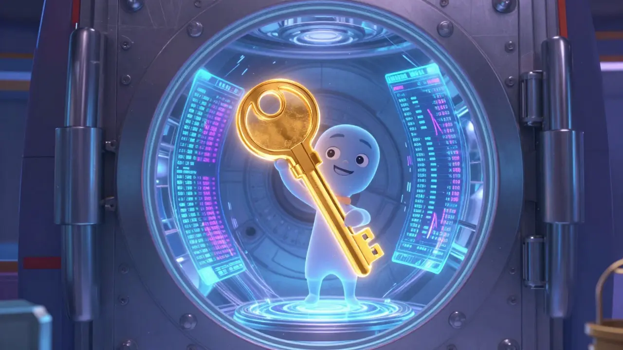 Stylized character holding a golden key inside a high-tech digital vault with flowing data