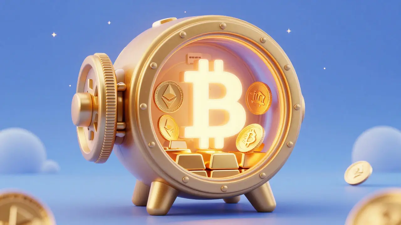 Stylized digital vault containing glowing Bitcoin and Ethereum symbols