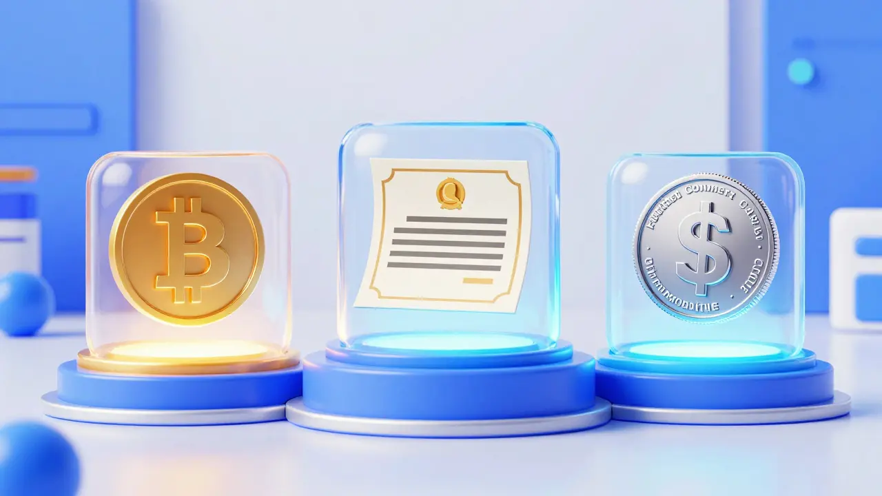 Three glowing pedestals displaying a Bitcoin, a stock certificate, and a stablecoin.