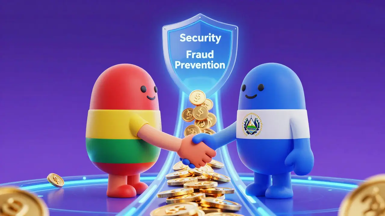 Two digital figures shaking hands over a glowing blockchain bridge with a security shield.