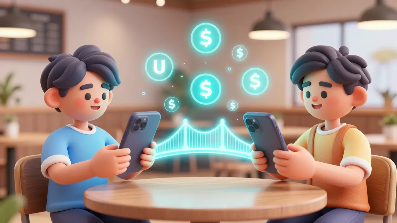 Two people using smartphones to exchange USDT in a Pixar-style cafe.