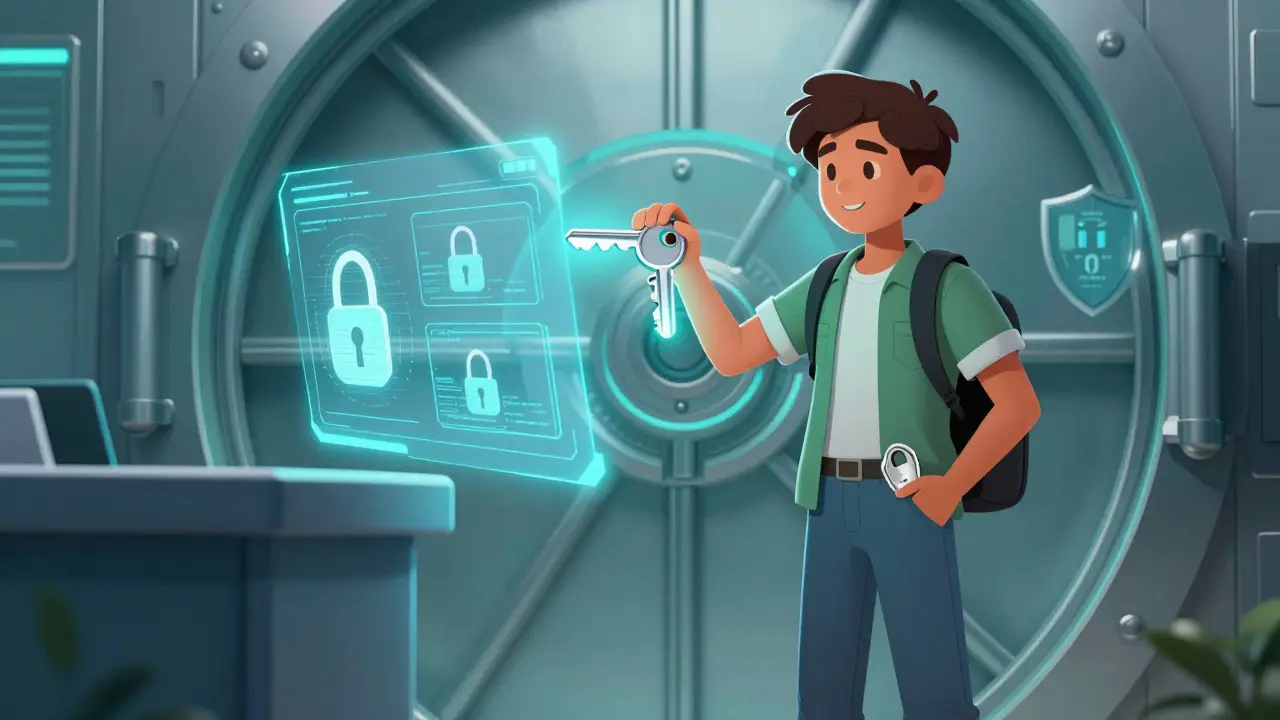 A character keeping their own glowing key, symbolizing self-custody and security.