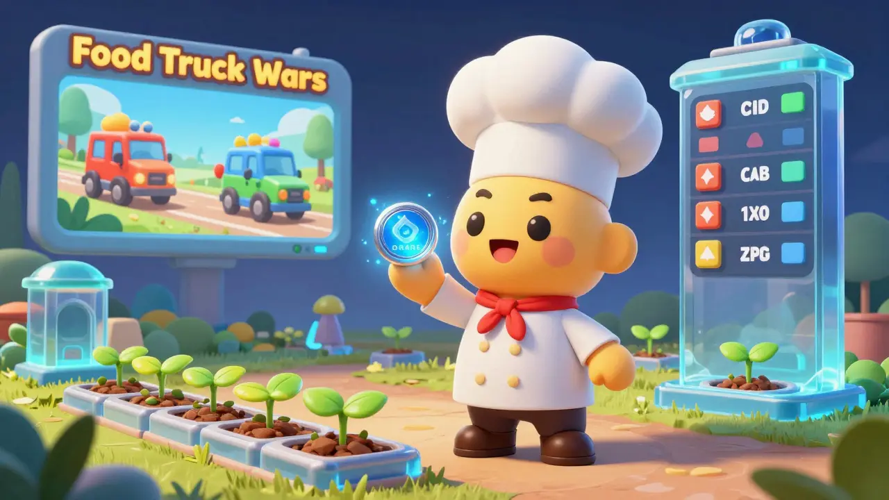 A cute chef character staking tokens on a virtual farm in a game world.