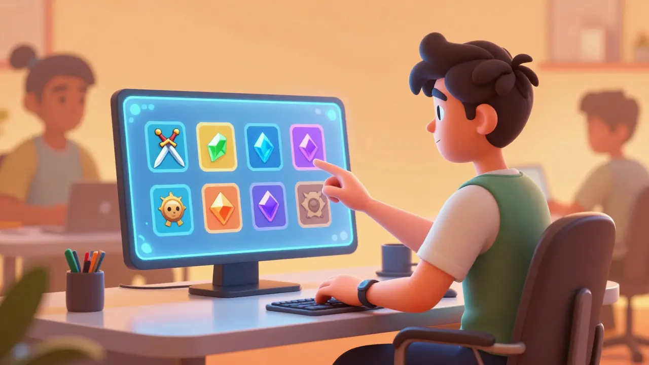 A friendly avatar explaining game mechanics on a holographic screen.
