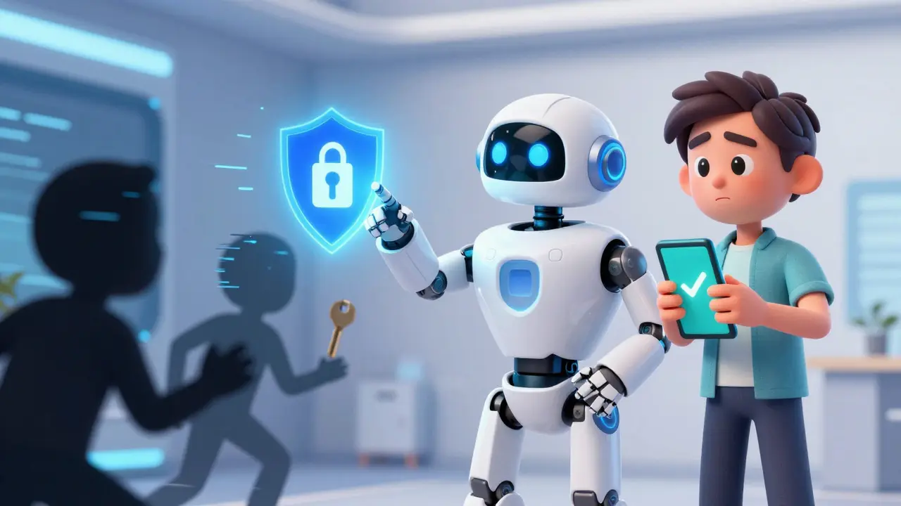 A friendly robot guide protecting a user from shadowy scam figures in a secure digital space.