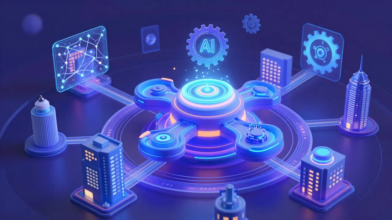 A futuristic adaptive blockchain core with AI elements connecting corporate networks.