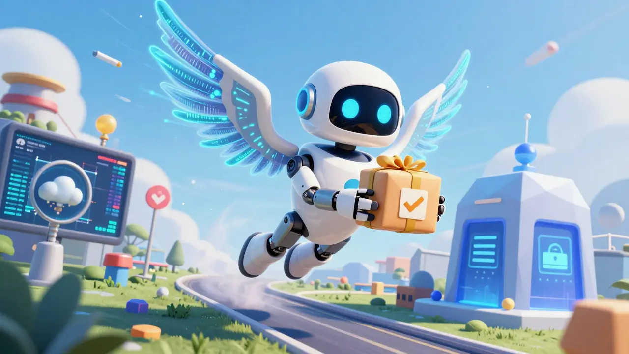 A messenger oracle bot flying between the internet and blockchain, carrying verified data.
