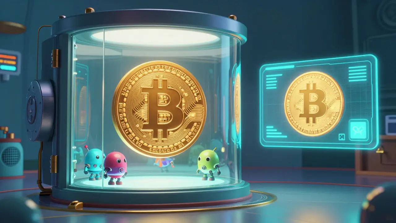 A secure vault locking up Bitcoin while a wrapped token is minted by robotic custodians.