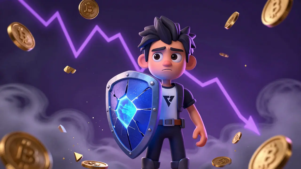 A worried cartoon warrior watching a crashing price graph and fading coins.