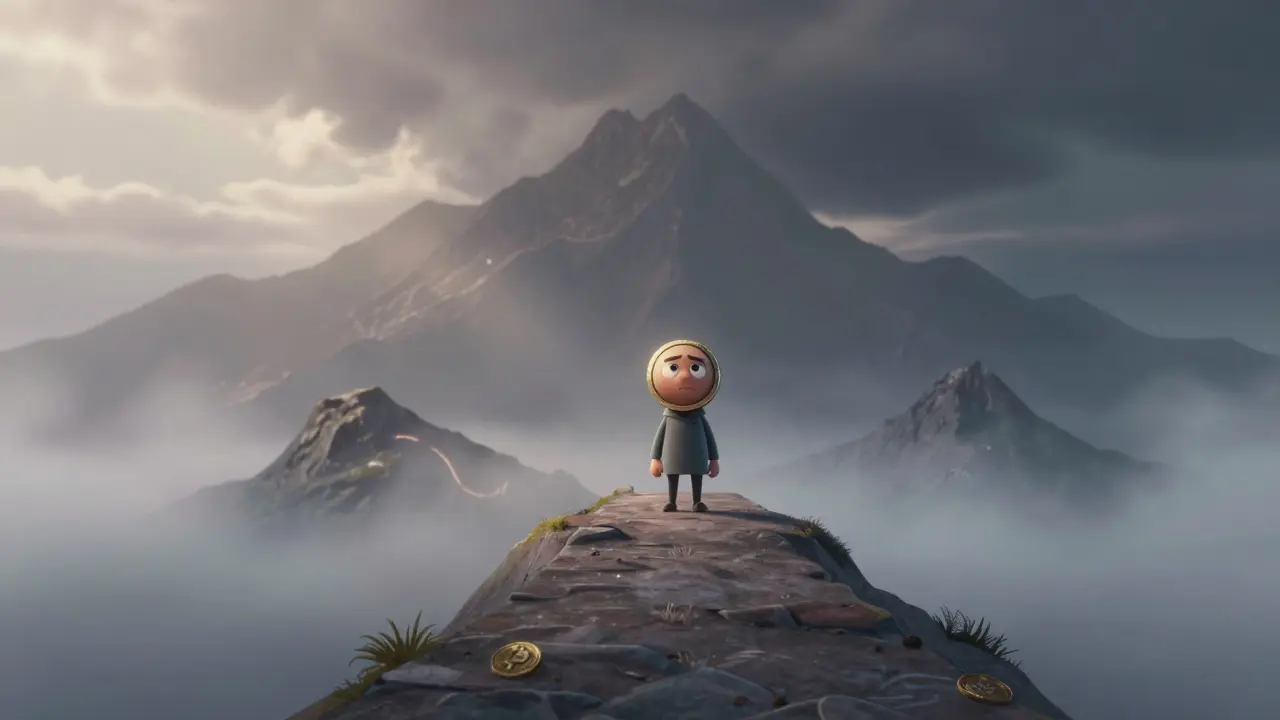 A worried character on a winding path toward a foggy mountain, symbolizing investment risks.