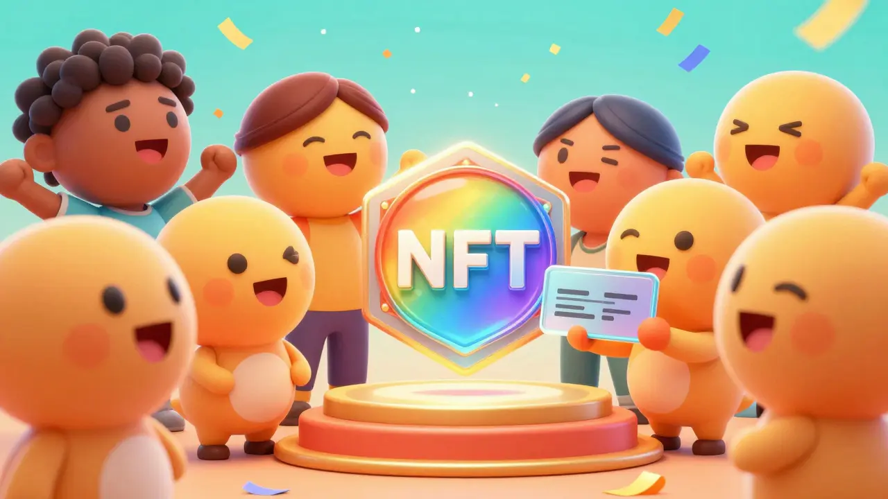 Animated avatars celebrating a glowing NFT badge on a pedestal.