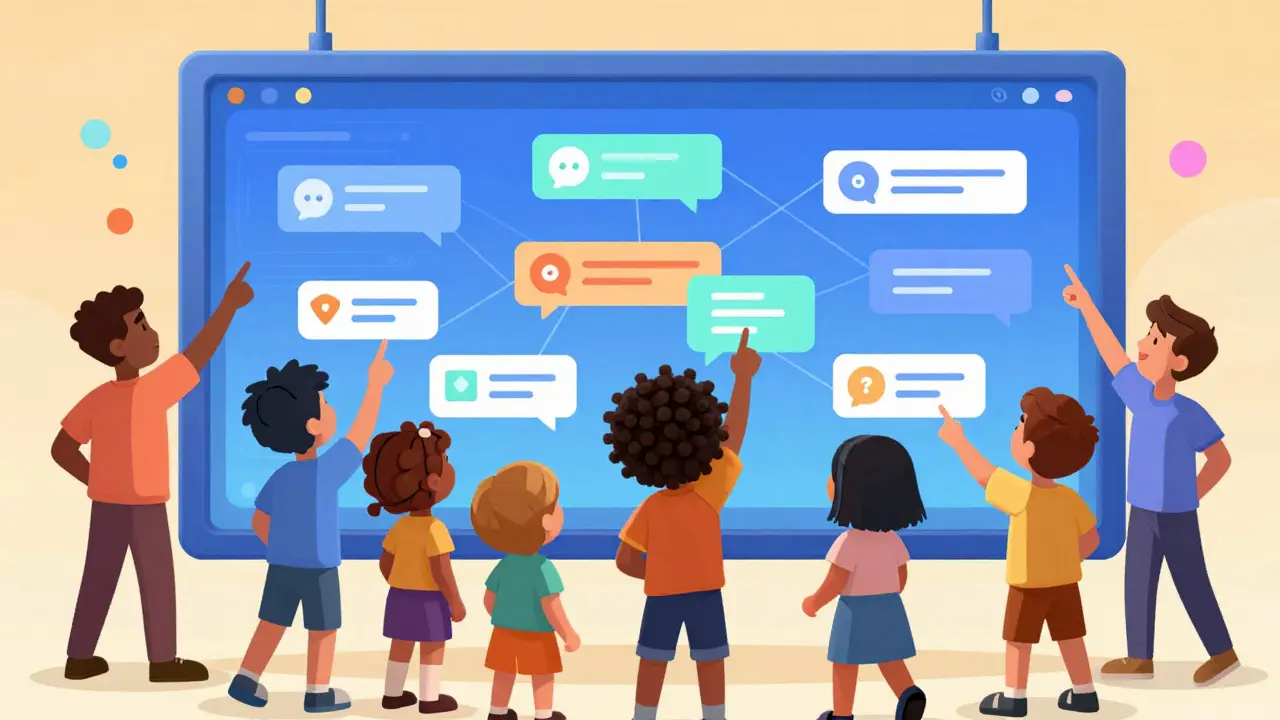 Animated characters collaborating on social tasks for a crypto airdrop campaign.