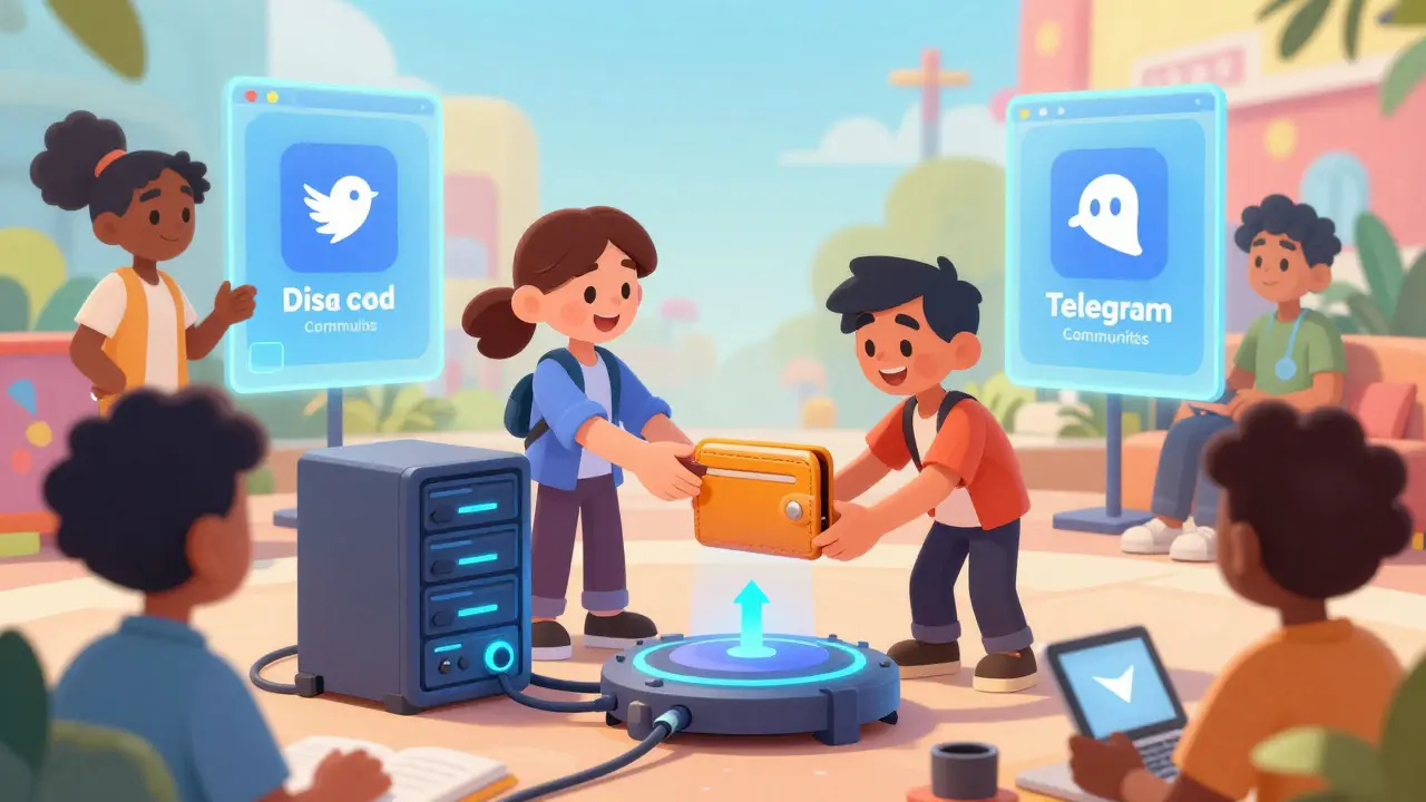 Animated characters connecting wallets and engaging in a virtual community hub.