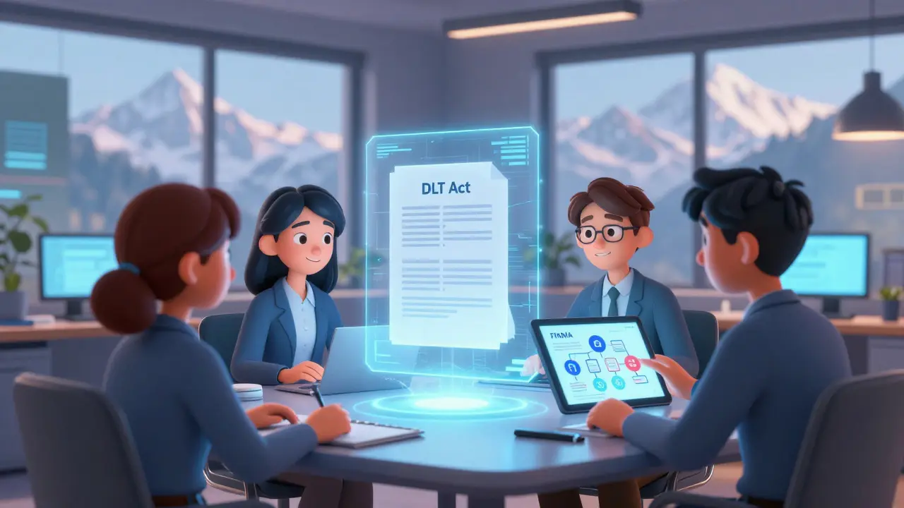 Animated characters reviewing crypto regulations in a Swiss office