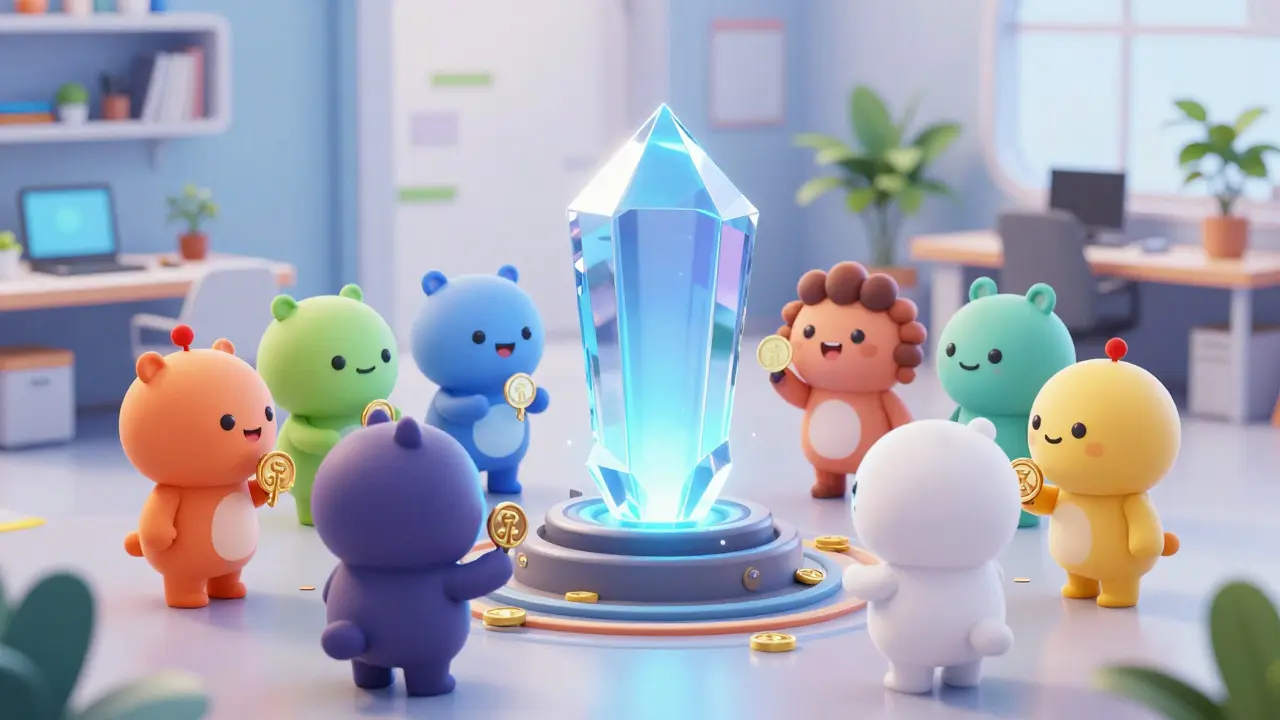 Animated validators securing a blockchain with tokens in a modern office