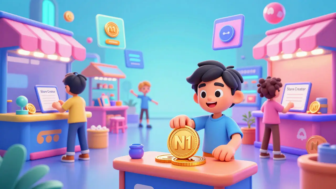 Cartoon characters celebrating in a vibrant digital marketplace with glowing tokens and storefronts.