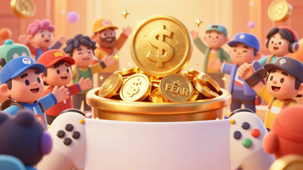 Cartoon crowd celebrating around a large pool of crypto tokens