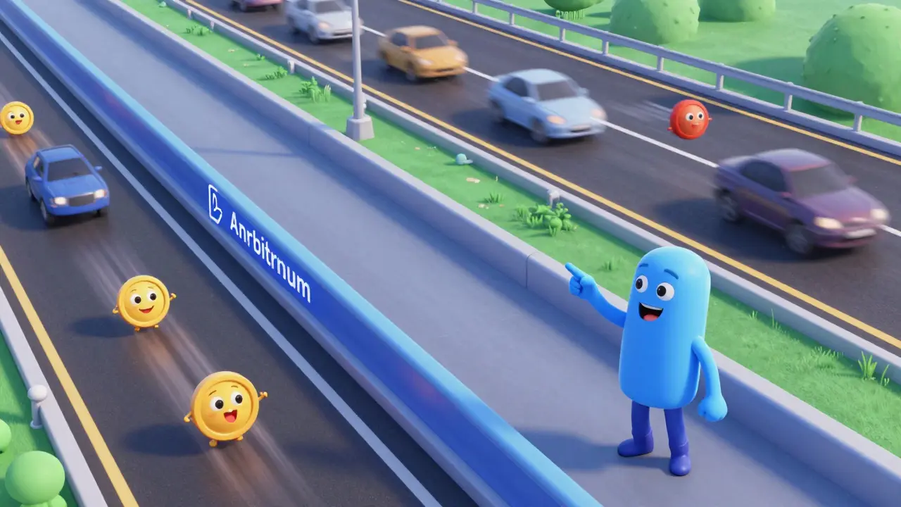 Cartoon guide pointing to a fast Layer 2 express lane next to a crowded main blockchain road.
