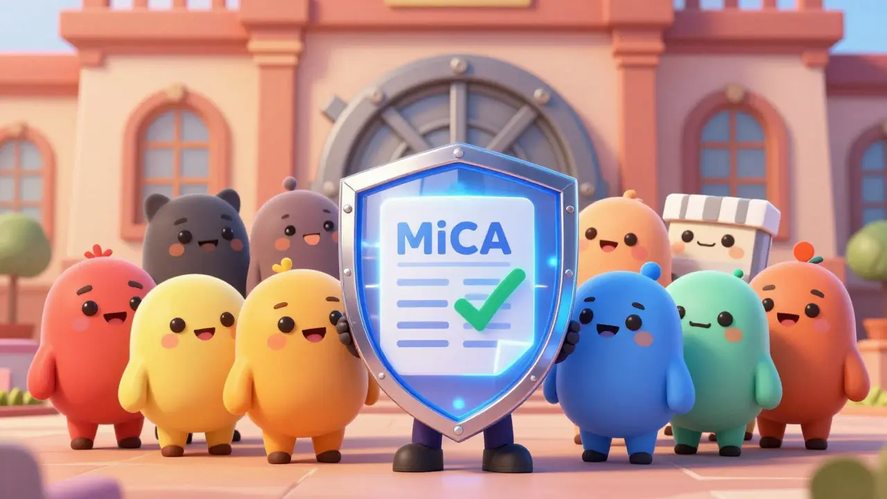Characters holding a shield of compliance documents protecting a secure vault