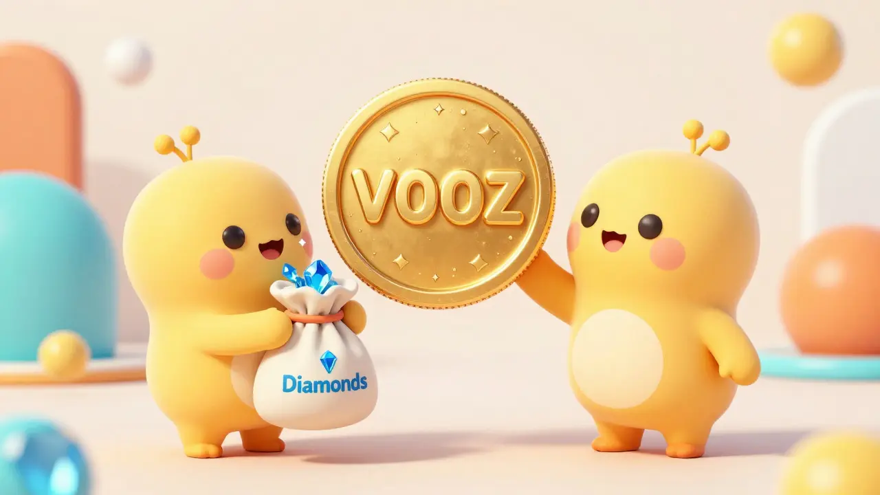 Cute 3D mascots exchanging a golden coin for sparkling blue diamonds in a colorful space.