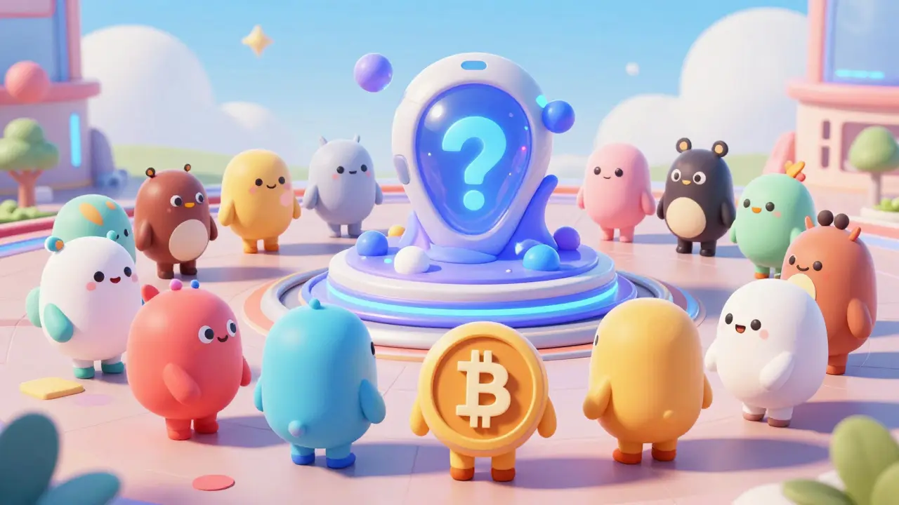 Cute crypto characters interacting freely in a bright plaza representing decentralized interoperability.
