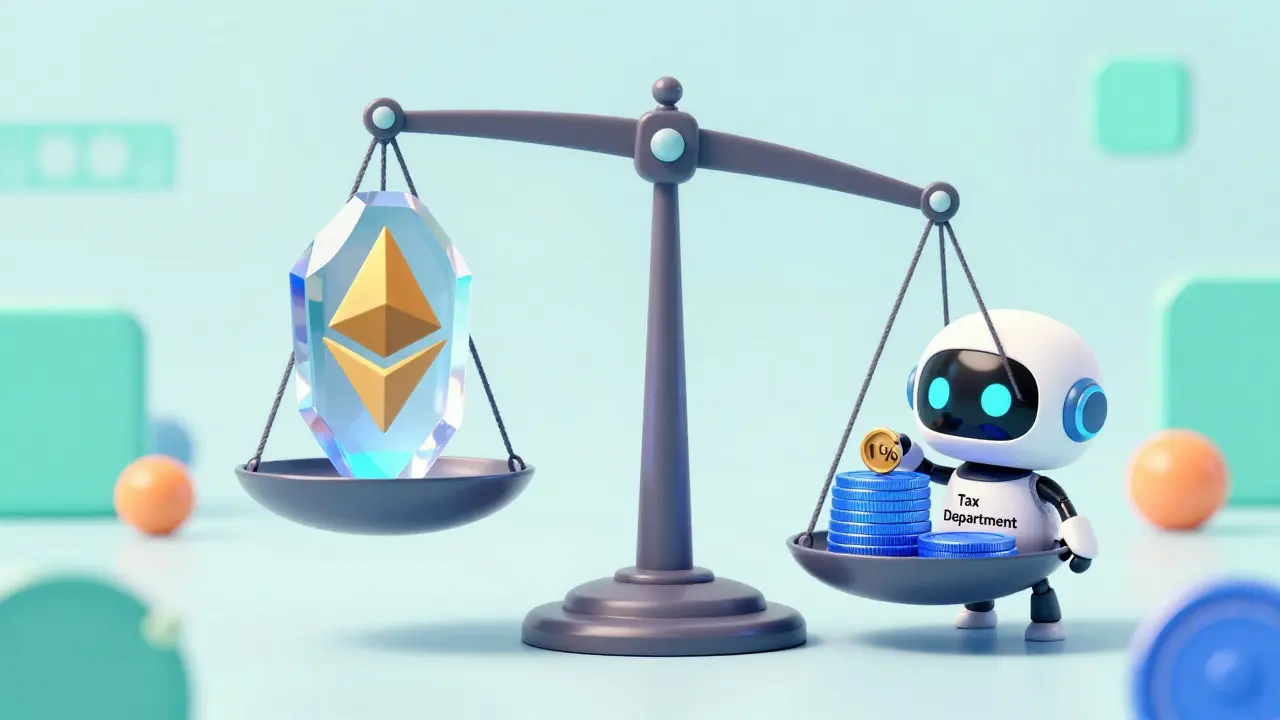 Digital scale balancing crypto and rupees with 1% tax weight