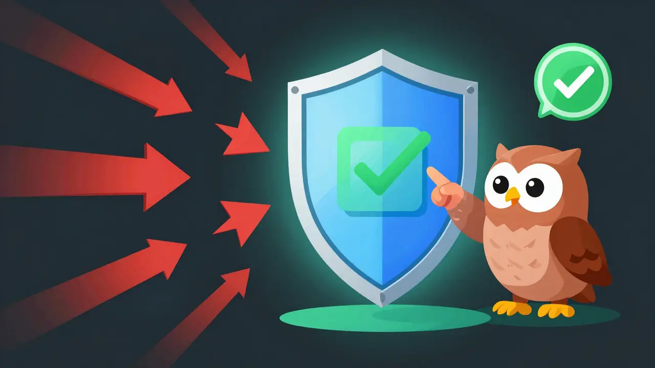 Digital shield protecting a wallet from scam arrows with a wise guide nearby.