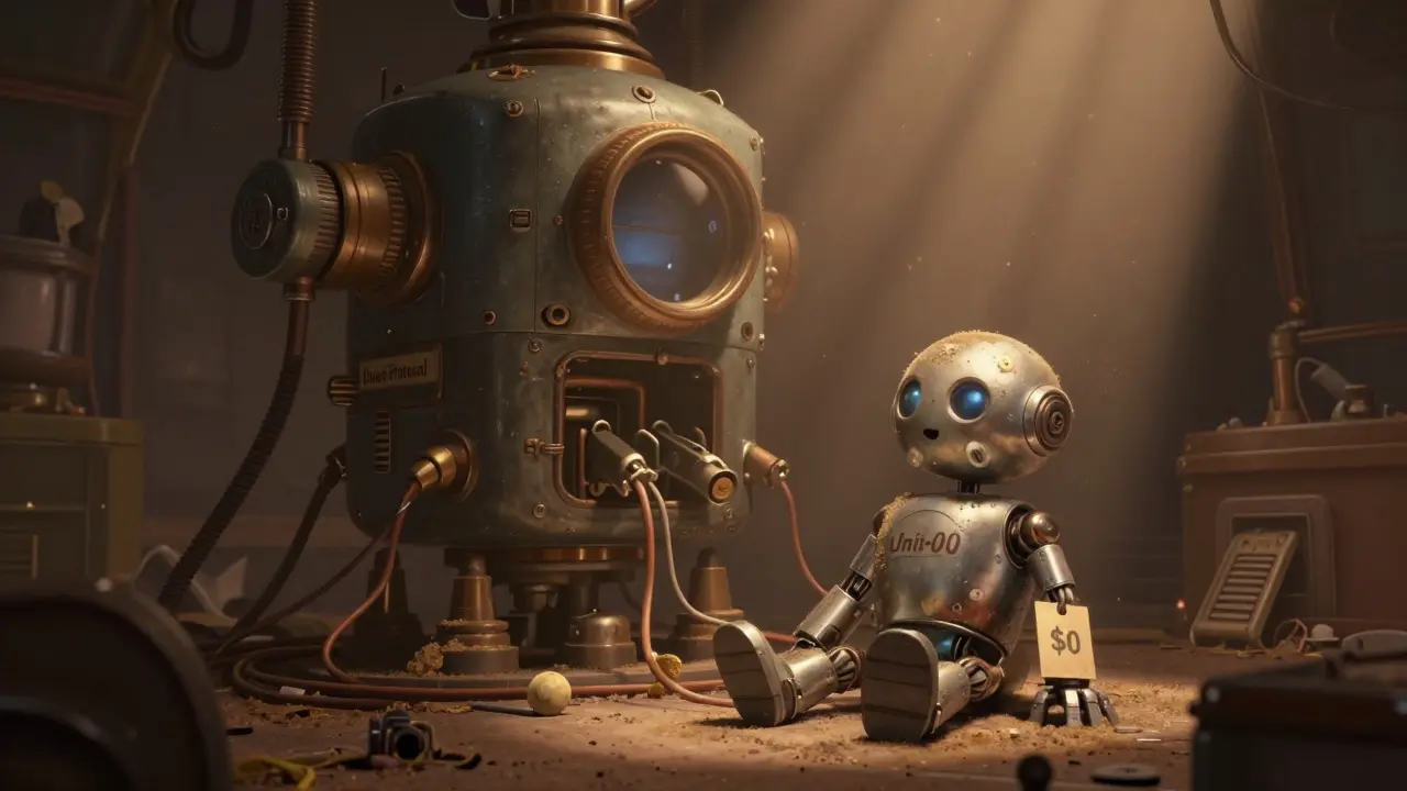 Dormant robotic experiment unit sitting inactive in dusty lab setting