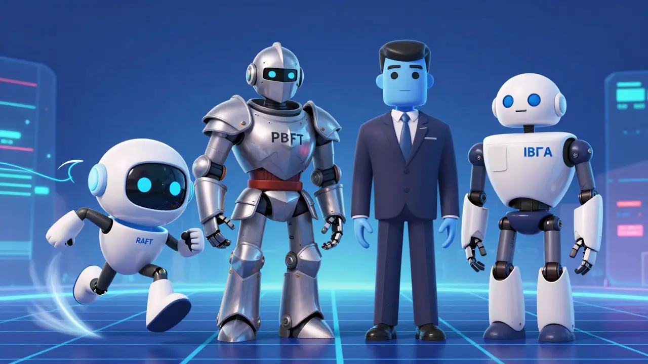 Four stylized characters representing different blockchain consensus mechanisms on a digital grid.