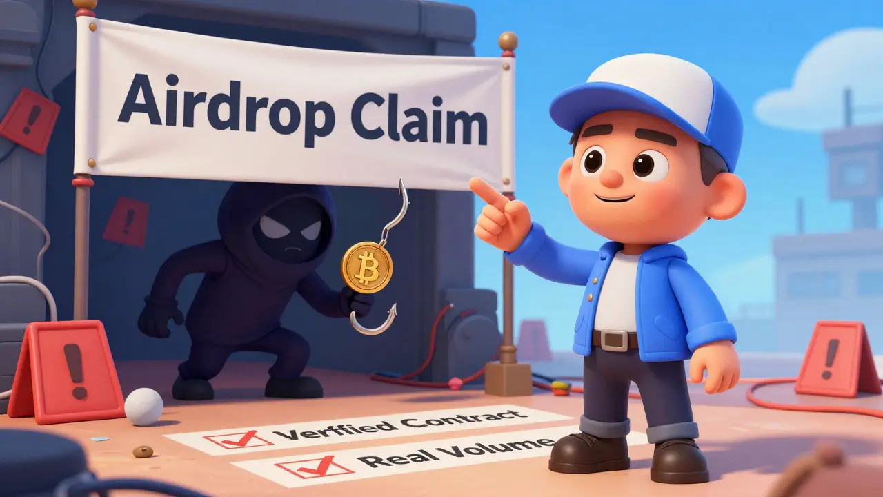 Friendly guide warning against shady crypto scammer with phishing hook