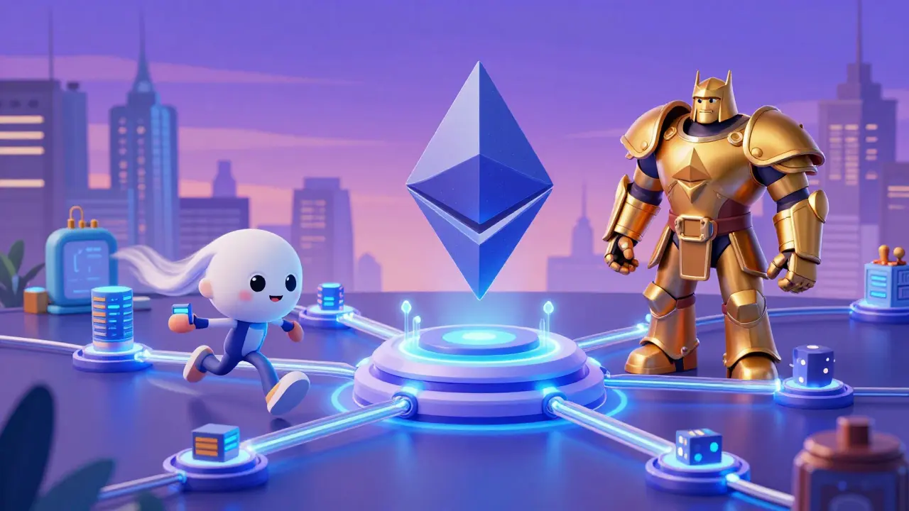 Futuristic network hub connecting specialized blockchain data availability layers