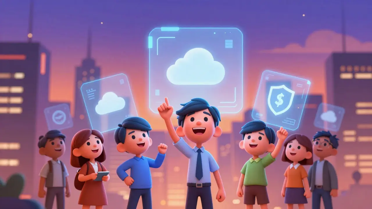 Happy people using holographic tech in a futuristic city