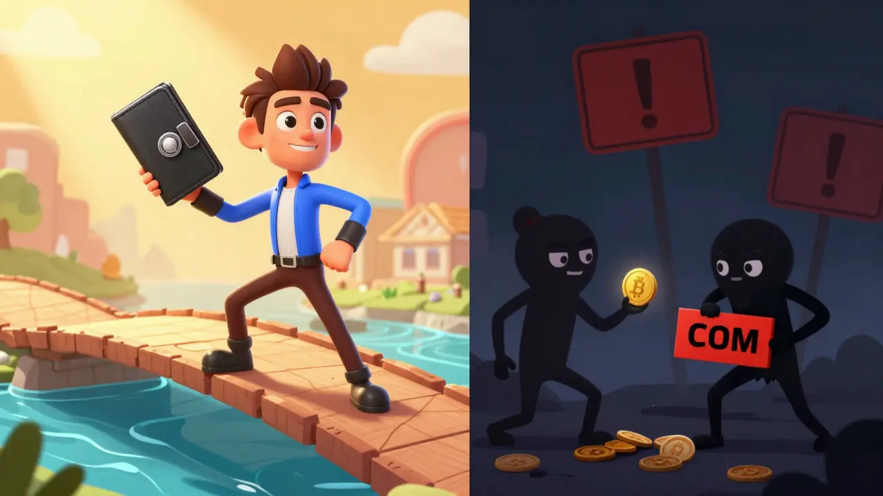 Illustration contrasting safe hardware wallet use with scammer traps in crypto.