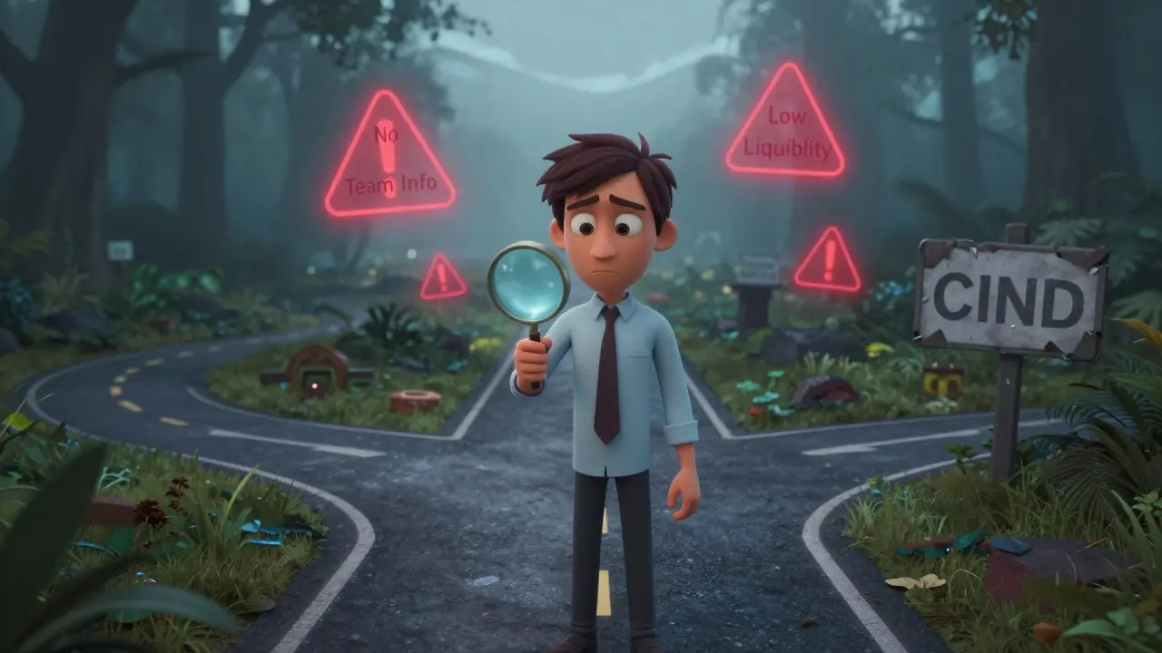 Pixar-style investor character cautiously examining warning signs on a dark, risky path representing the dormant Cindrum token.