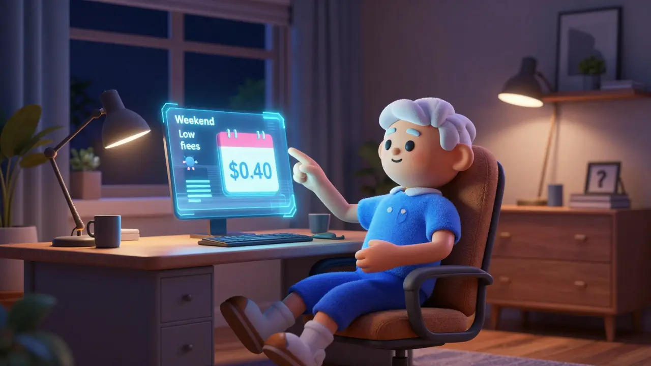 Relaxed cartoon user checking low weekend gas fees on a glowing screen in a quiet room.
