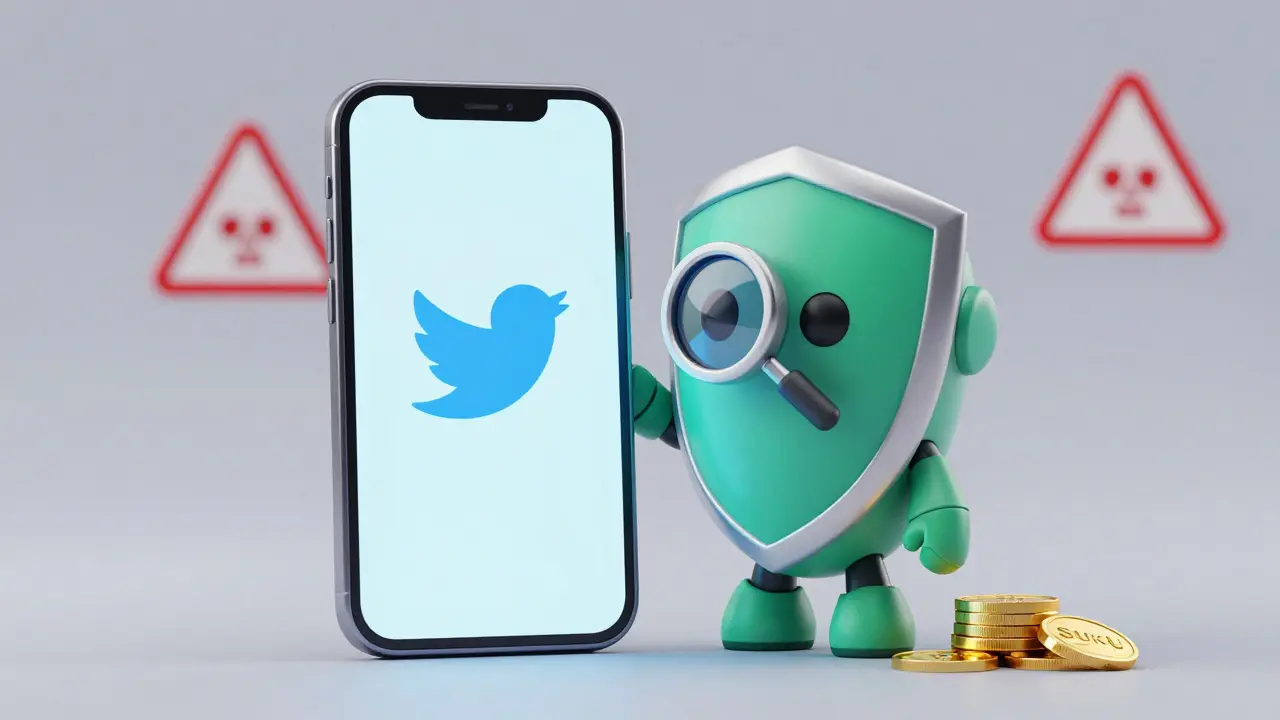 Robot guardian protecting a phone with linked social accounts and tokens.