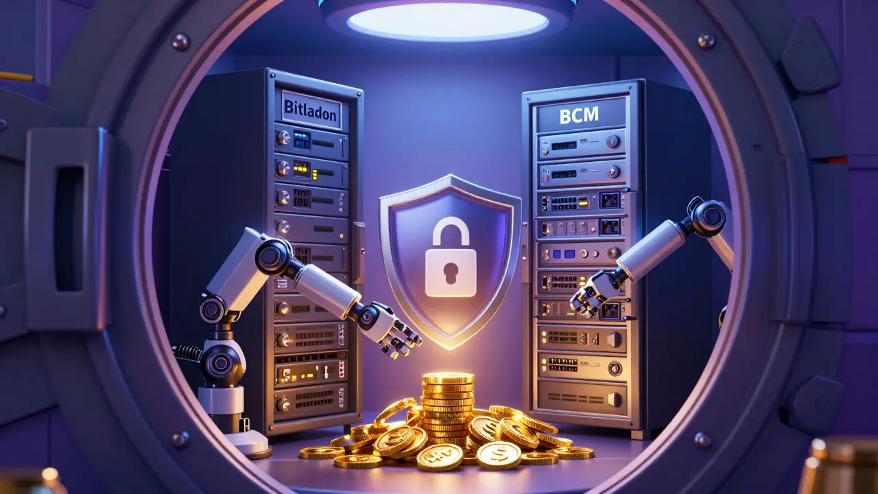 Robotic arms transferring glowing coins from old server to secure new vault