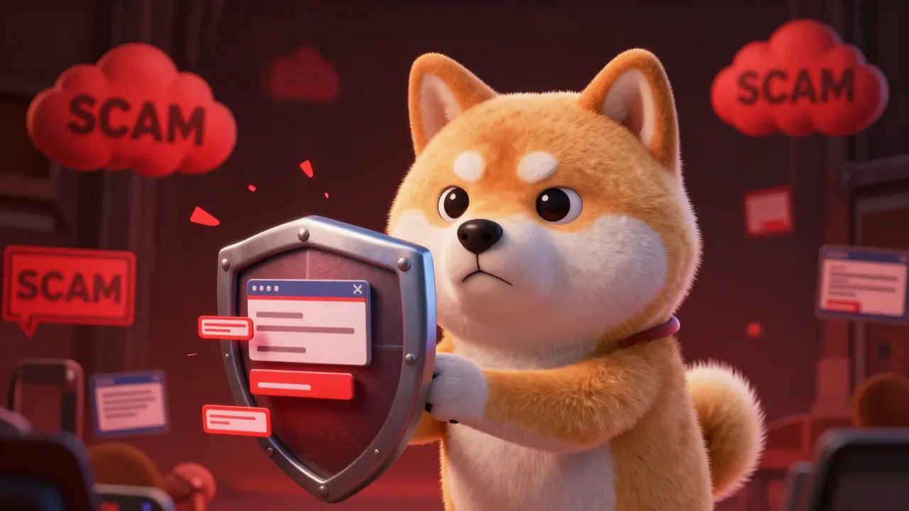 Shiba Inu character using a shield to block scam warnings in a dark digital world.