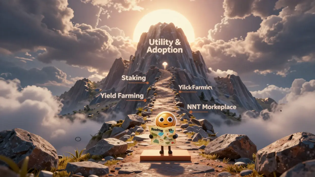 Small token character looking up at a mountain of future utility