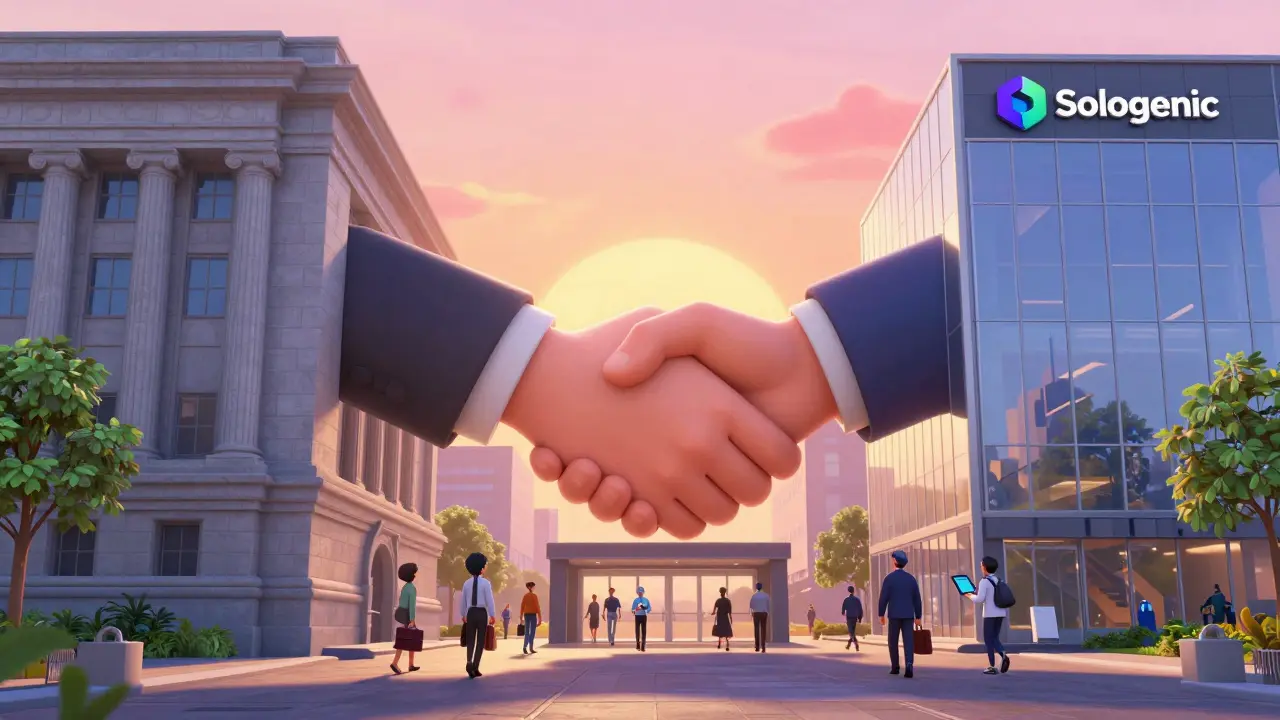 Sologenic building with handshake sculpture symbolizing blockchain and finance partnership.