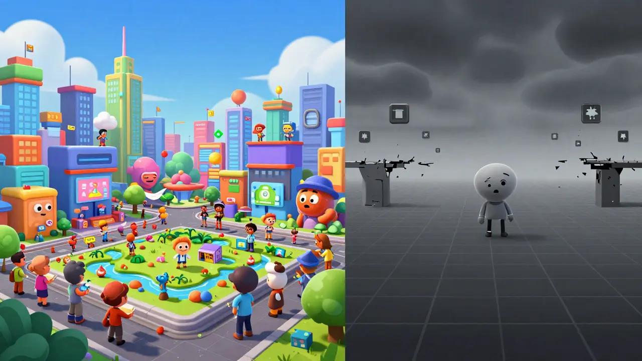 Split-screen Pixar illustration contrasting a busy, successful metaverse city with an empty, abandoned Cindrum digital grid.
