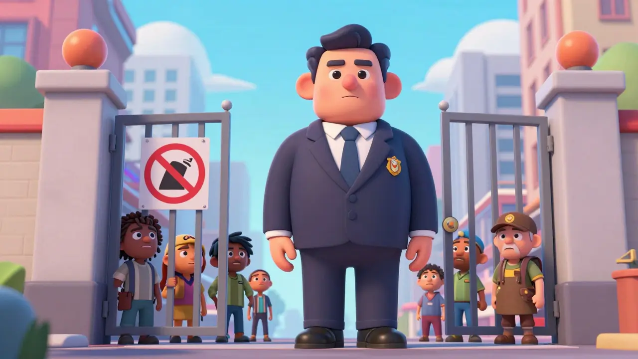 Stylized authority figure guarding a gate, blocking traders behind it