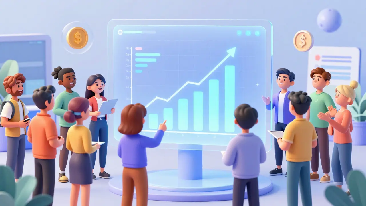 Stylized characters collaborating and learning about crypto trends together.