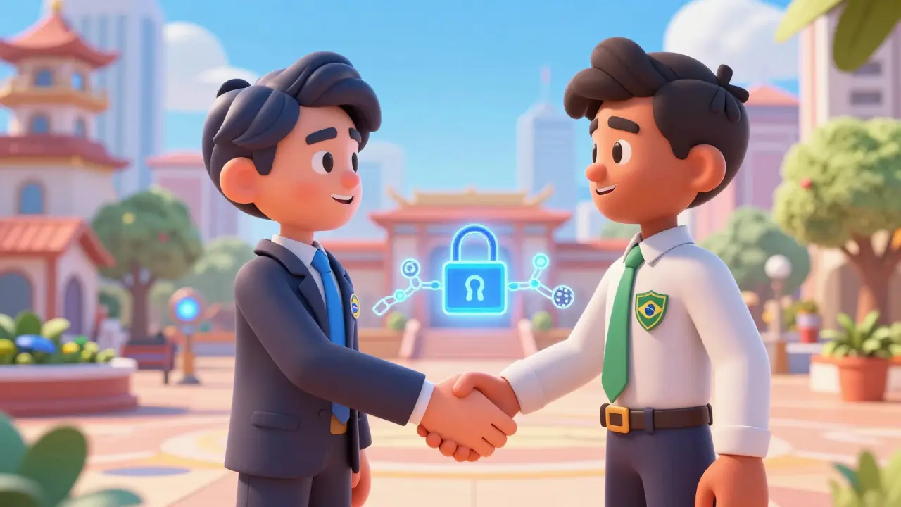 Stylized handshake between global exchange and local regulator